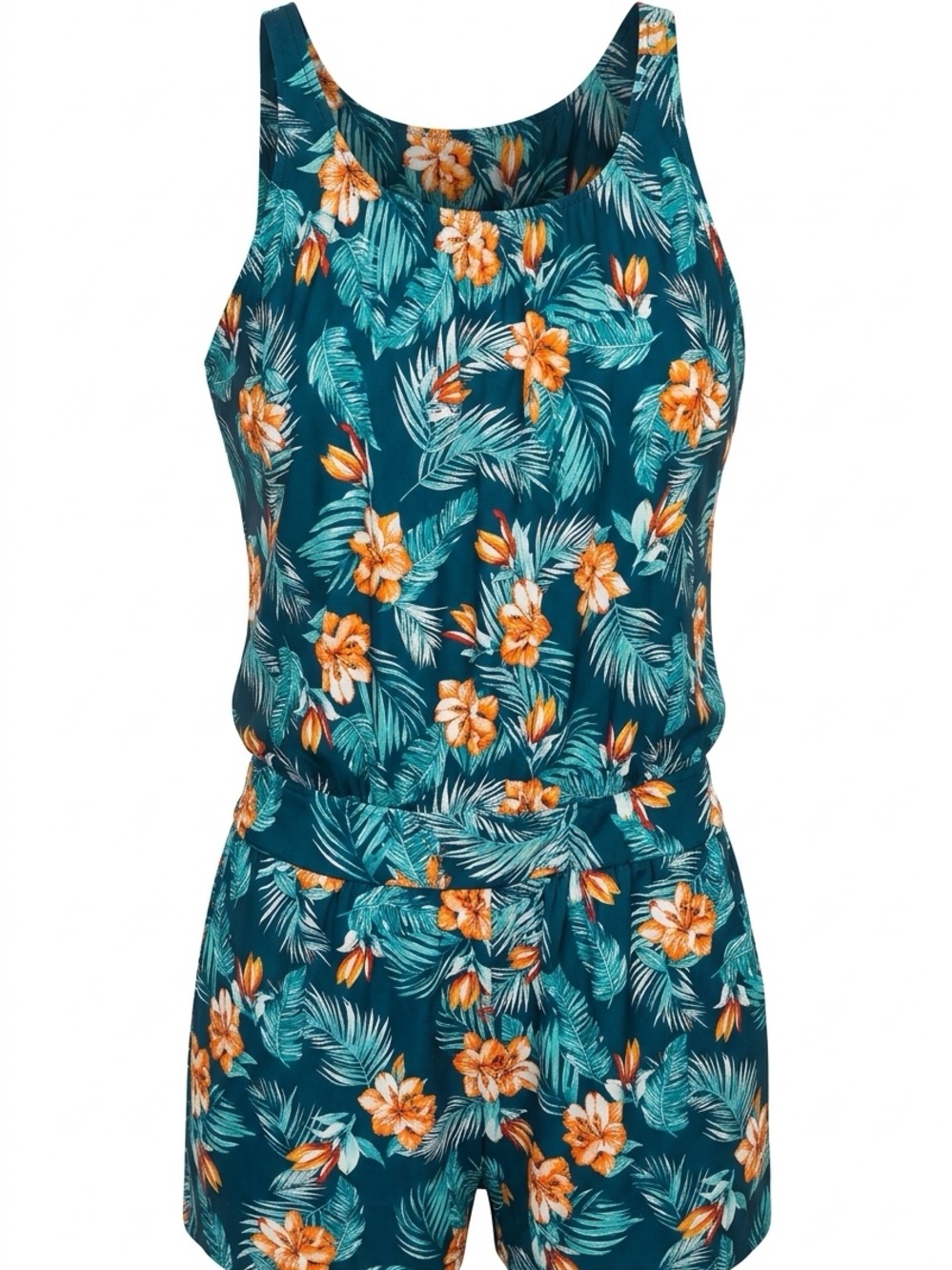 BloomChic Teal Floral One-Piece Swim Romper with Orange Flowers